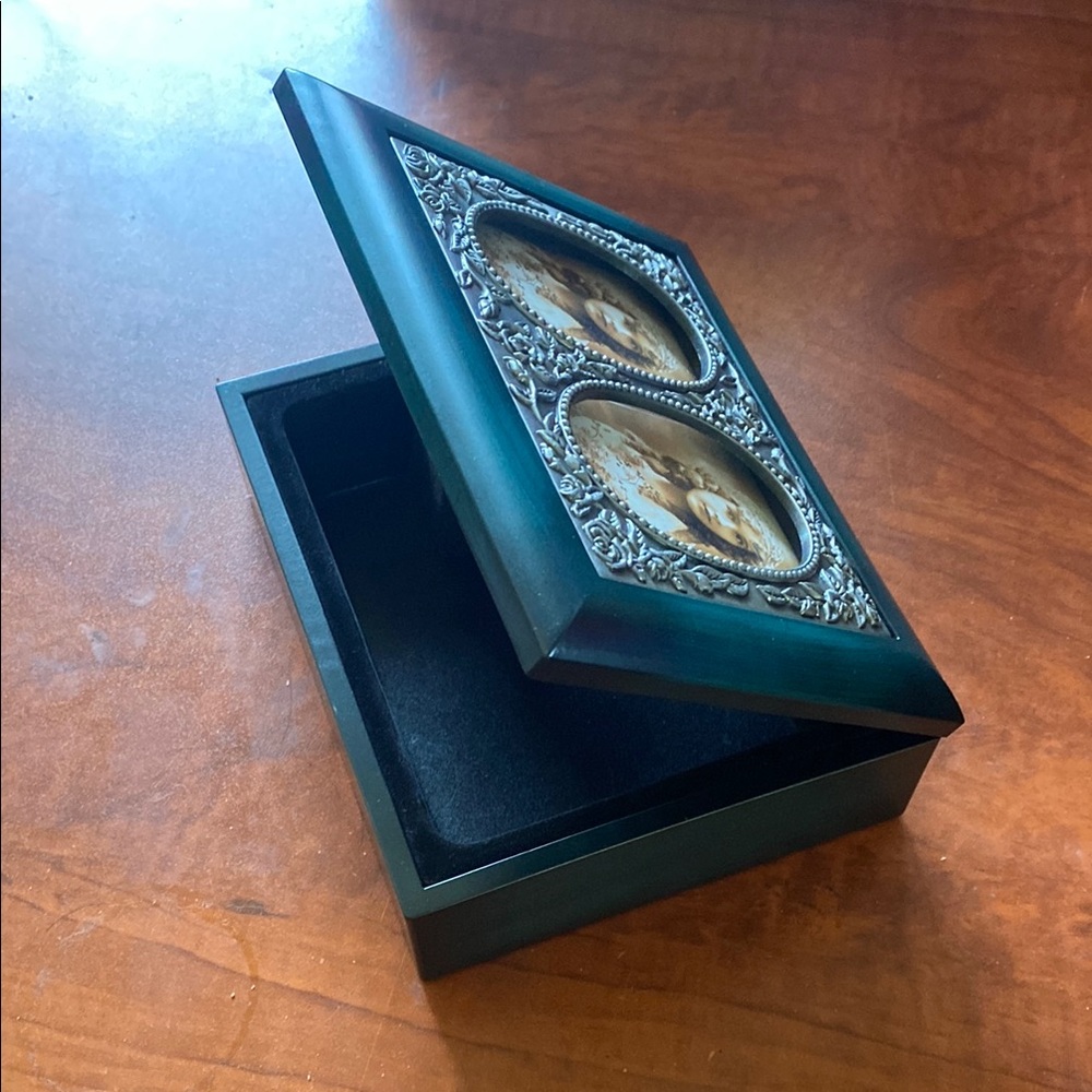 Decorative Teal Wooden Keepsake Box with Double Photo Frame Lid